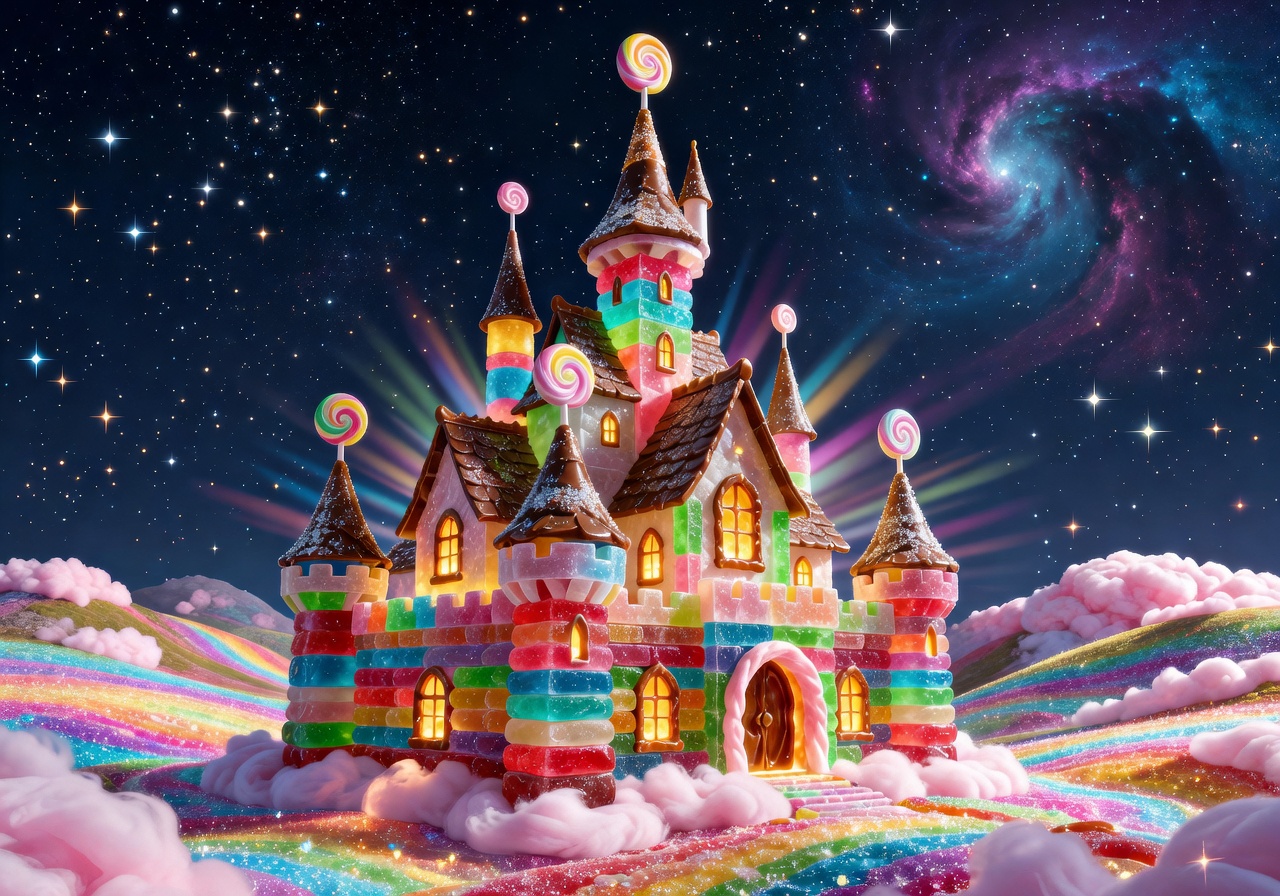 Magical candy castle glowing under a starry night sky in the Vantoragroov kingdom