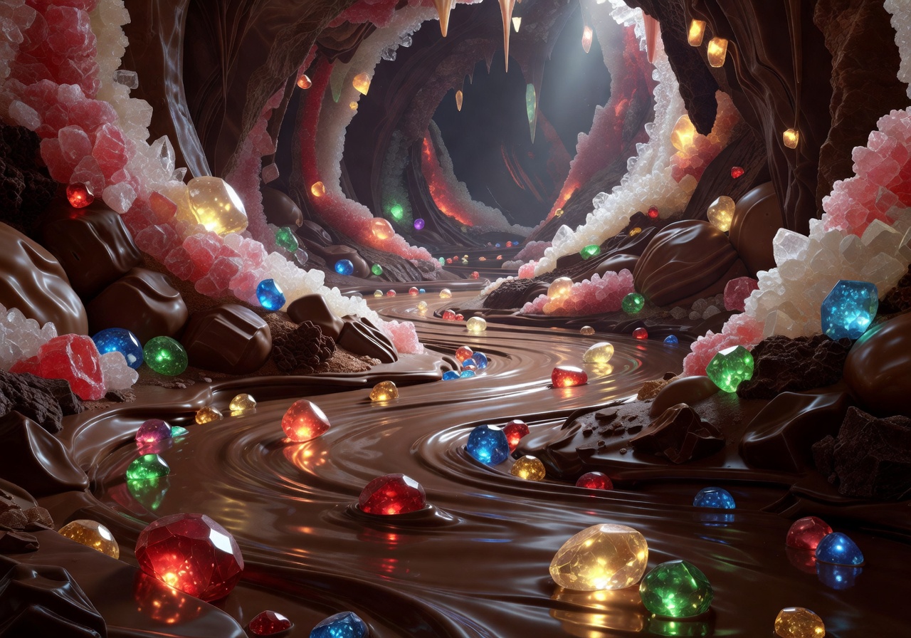 Creamy dark chocolate river carrying glowing sweet jewels inside candy mountain