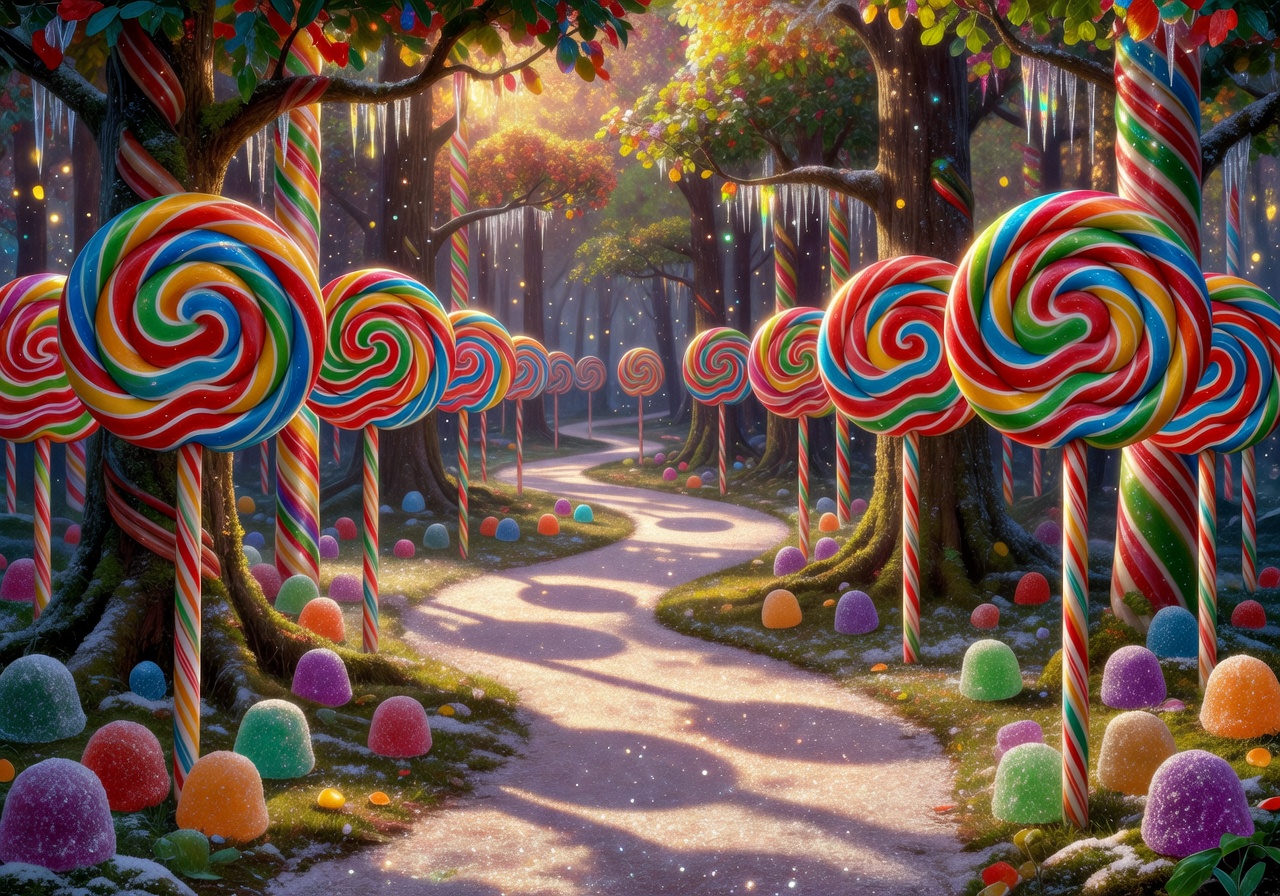 A whimsical forest path lined with giant spiral lollipops and sugar drops
